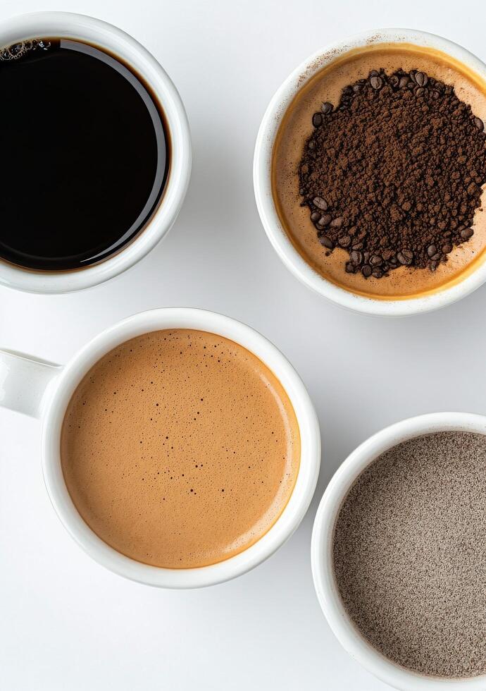 Three cups of coffee with roasted beans on a white background photo