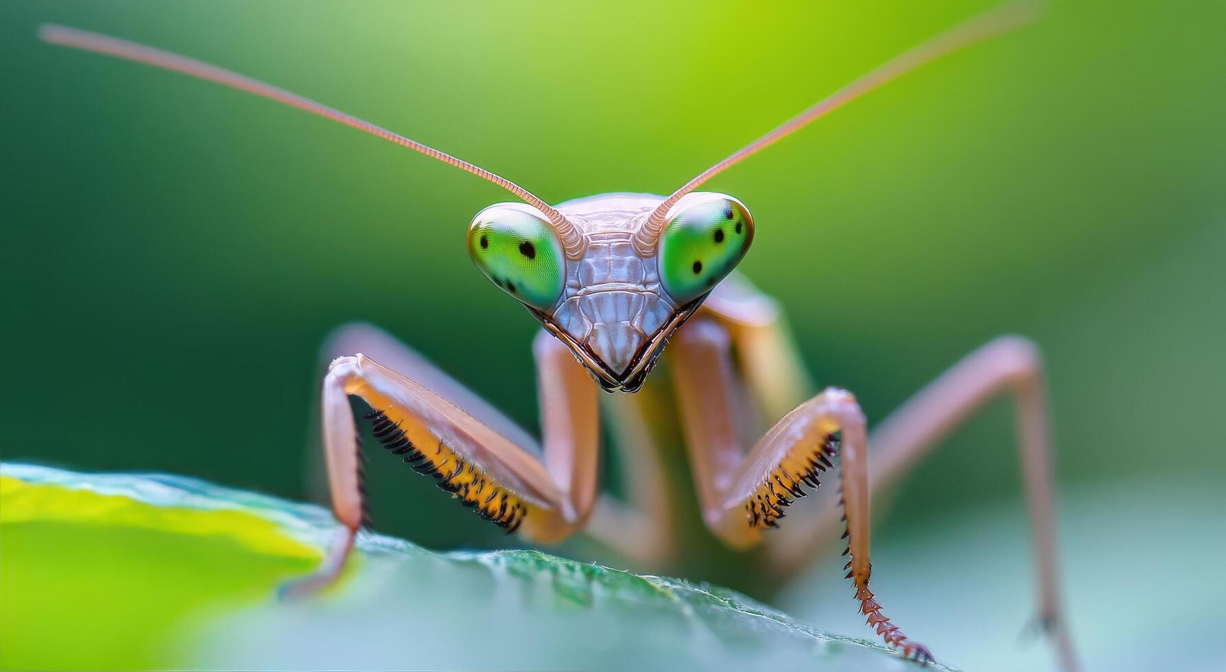 Close-up of a vibrant praying mantis on a green leaf during sunny daylight photo