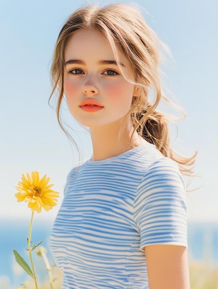 Young girl holding a sunflower by the ocean on a sunny day photo