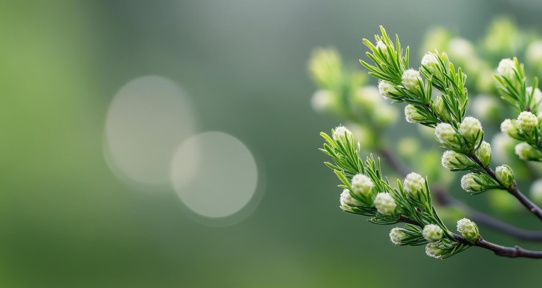 Fresh spring buds on a green branch with soft bokeh background photo