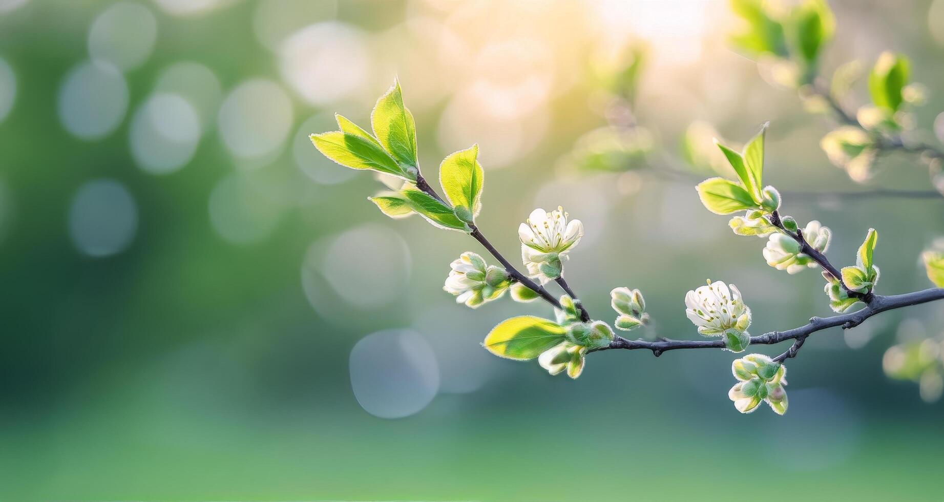 Fresh spring buds on a green branch with soft bokeh background photo