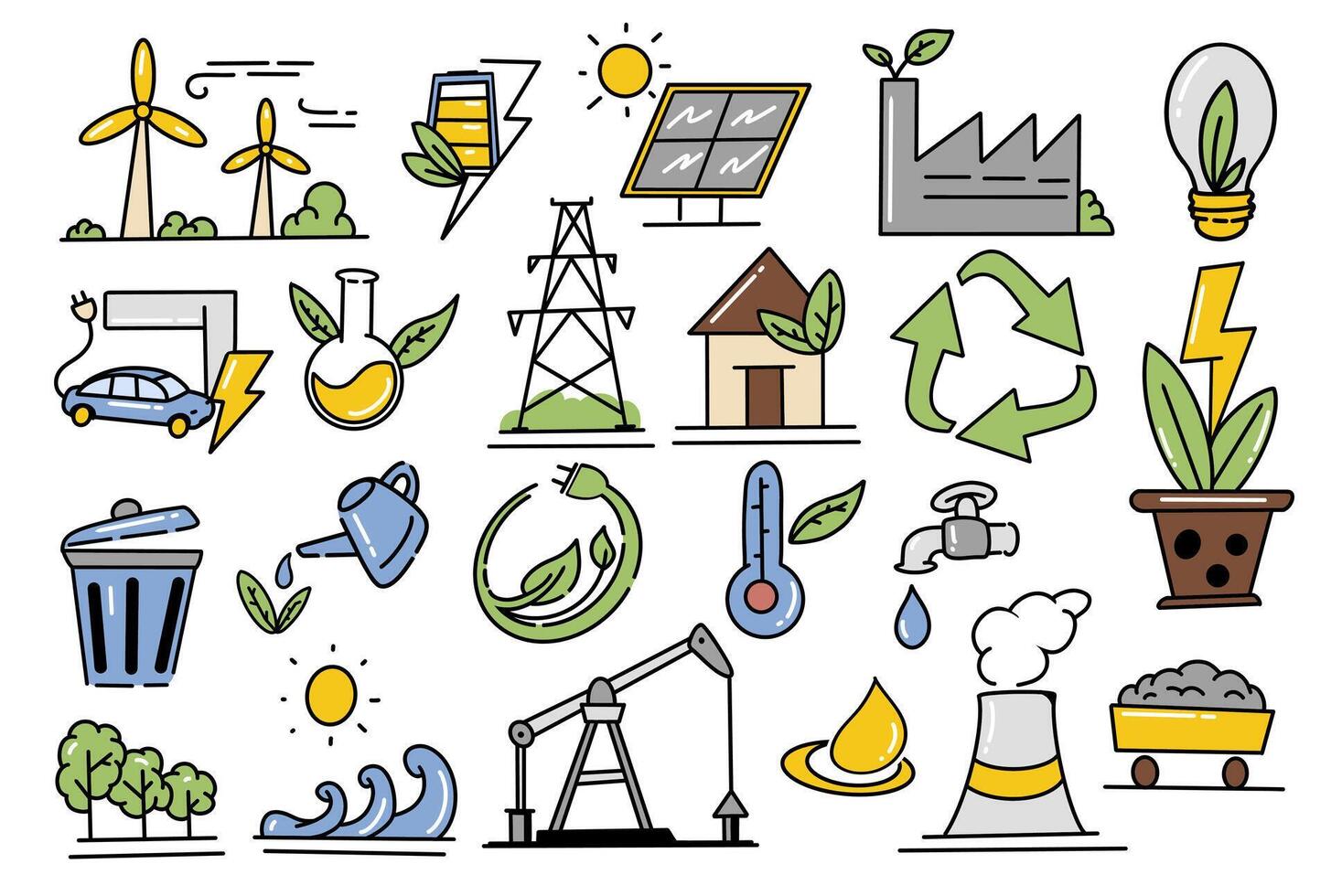 Eco energy illustration renewable energy sources icon set vector