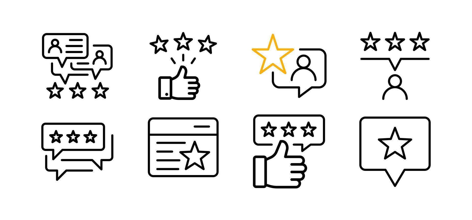 5 stars positive review. Rate icons set. Feedback icon collection. Concept of best ranking. Customer review. Good result. Star, envelope, smiling emoji, like thumb up and speech bubble. vector