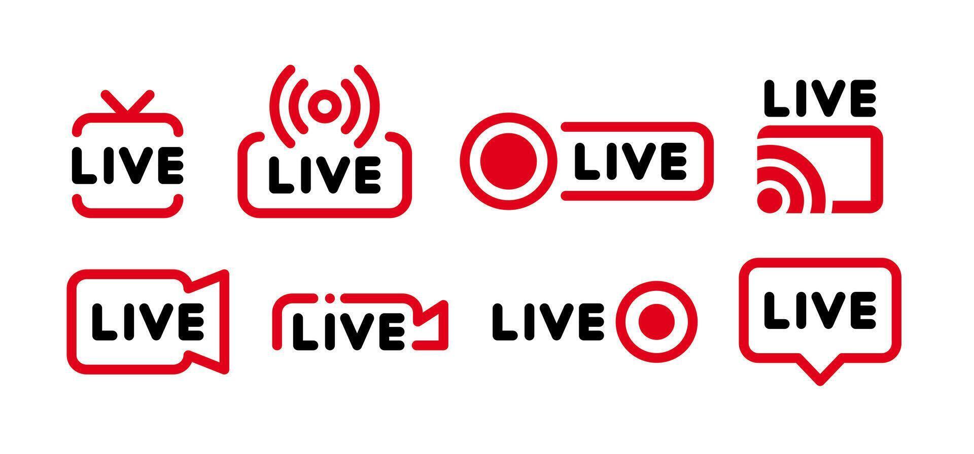 Live streaming icon set. Live broadcasting buttons and symbols. Set of online stream icons. Live stream logo. Social media. illustration vector