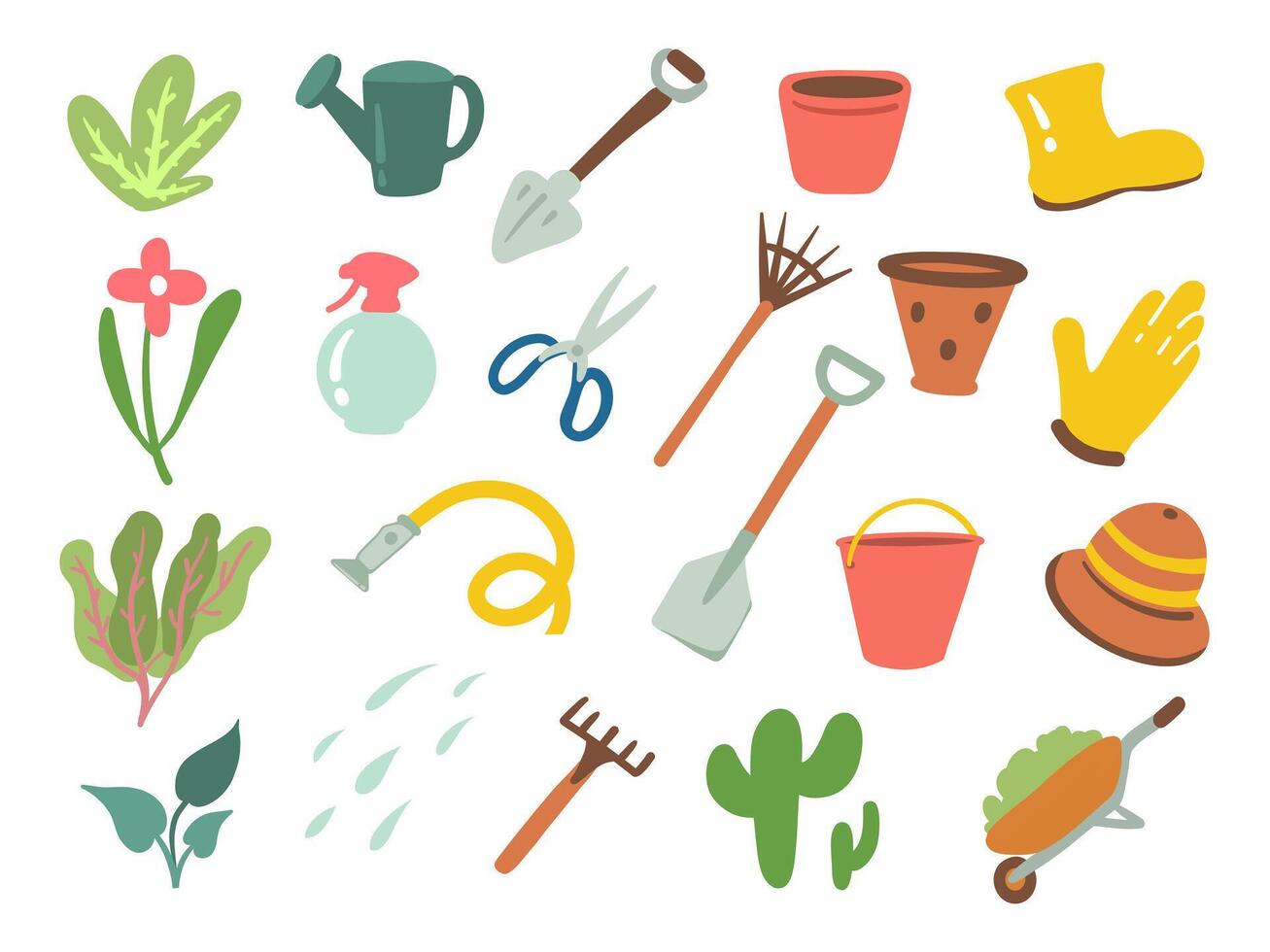 Set of garden tools. Sprayer, seeds, boots, box, apron, rake and more. illustration vector