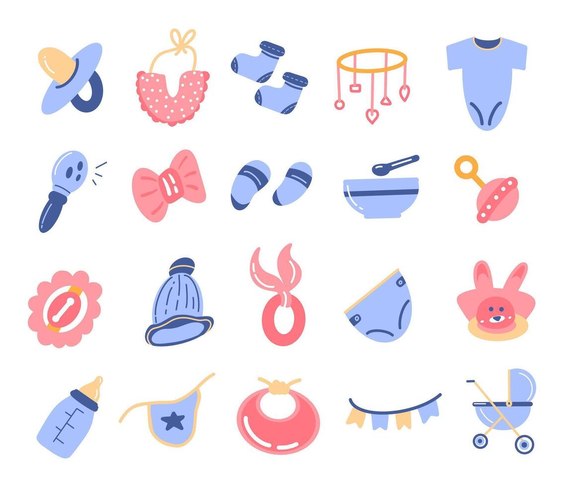 Newborn baby items set with cartoon elements in flat design vector