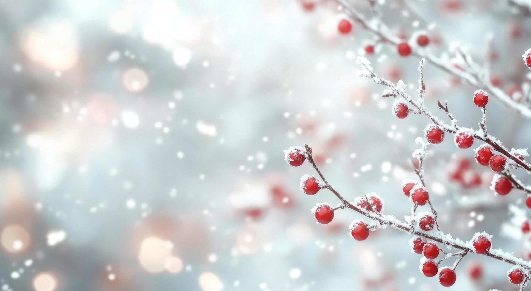Winter berries covered in snow with soft light and falling snowflakes in a serene setting photo