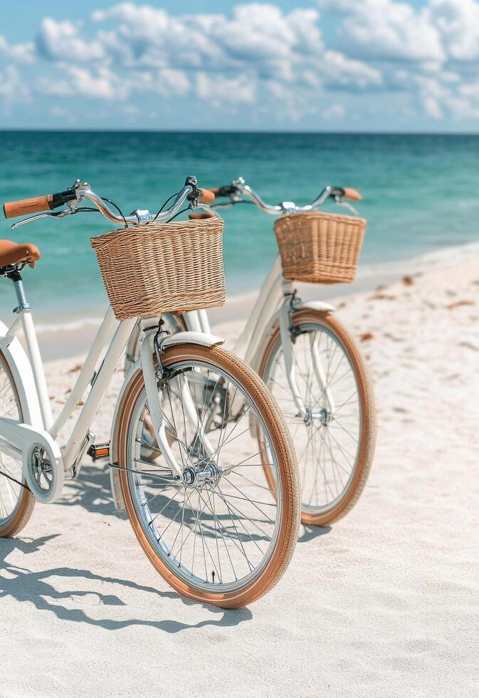 Three bicycles parked on a sandy beach under a leafy tree on a sunny day photo
