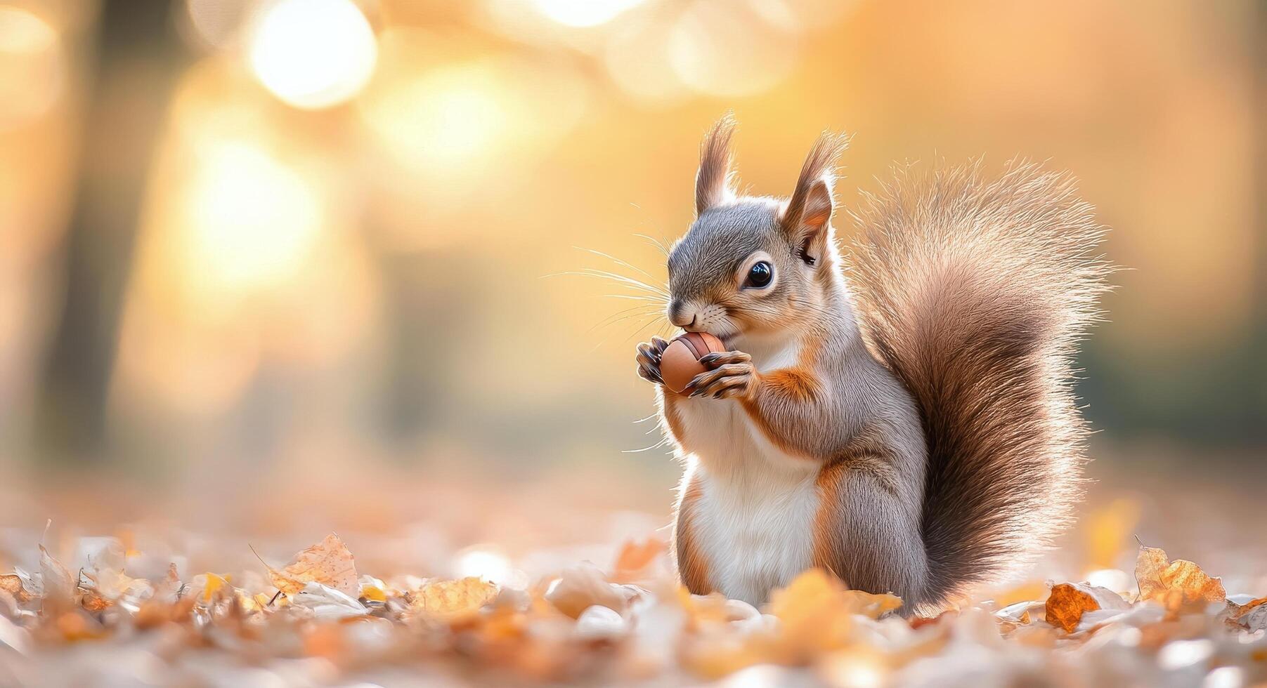 Squirrel gathering acorns in a colorful autumn park photo