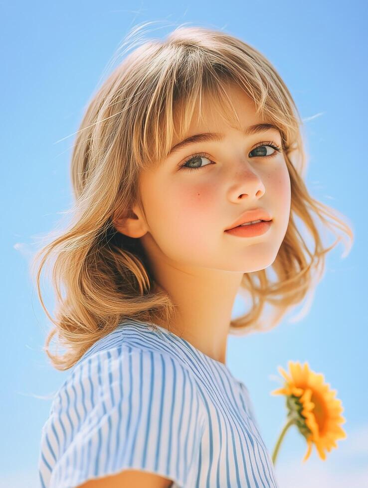Young girl holding a sunflower outdoors on a sunny day with a clear blue sky photo