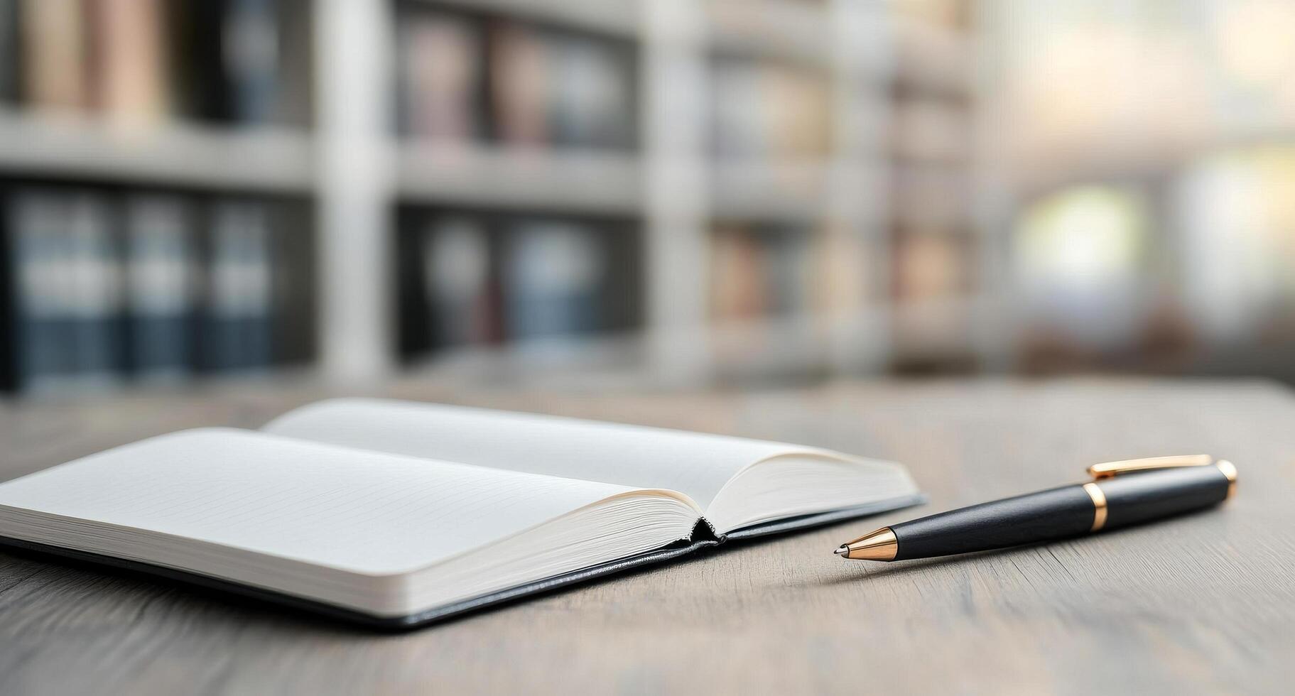 Open notebook and pen on wooden table in quiet library setting photo