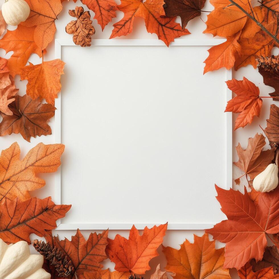 Autumn leaves and decorative elements framed on a white background photo