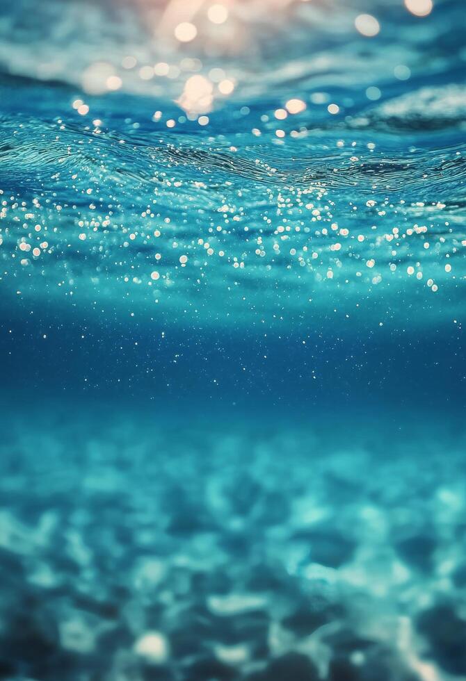 Sunlight sparkles on the surface of clear blue water in a tranquil underwater setting photo