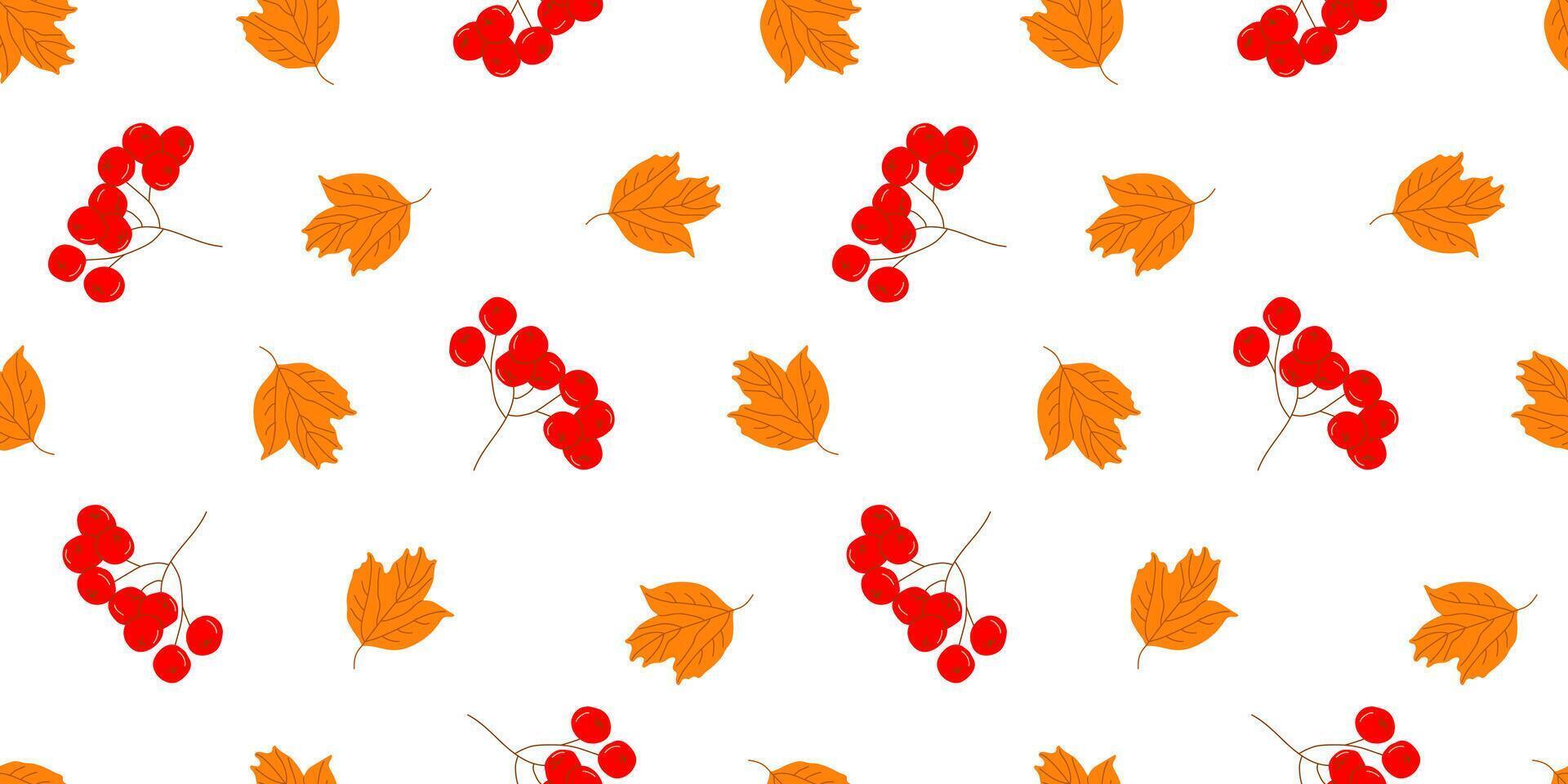 Seamless Pattern with Berries and Orange Viburnum Leaves on a White Background for Textile, Fabric, Wrapping Paper vector