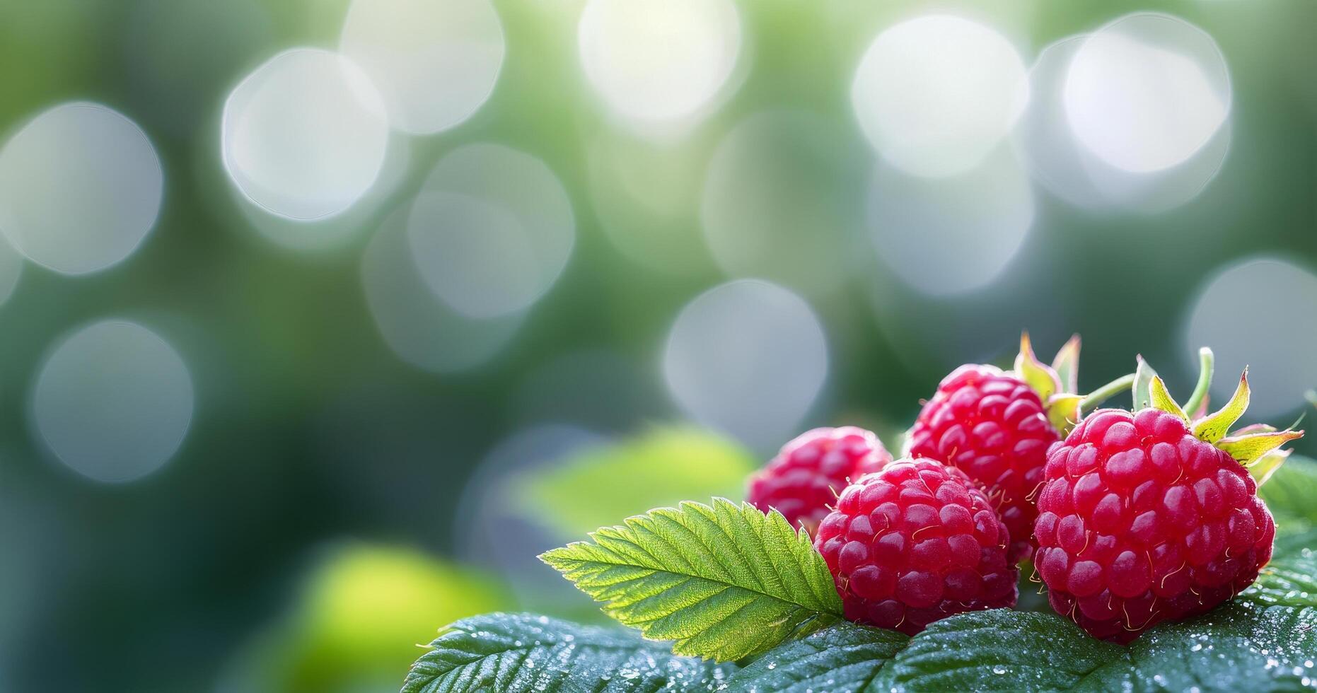 Ripe raspberry on green leaf in a lush garden during a sunny afternoon photo