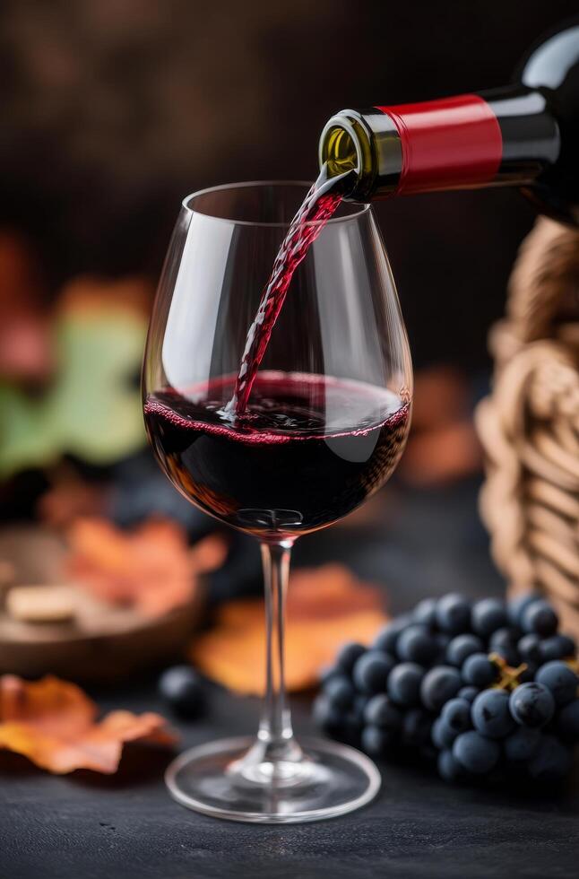 Pouring red wine into a glass beside fresh grapes and autumn leaves photo