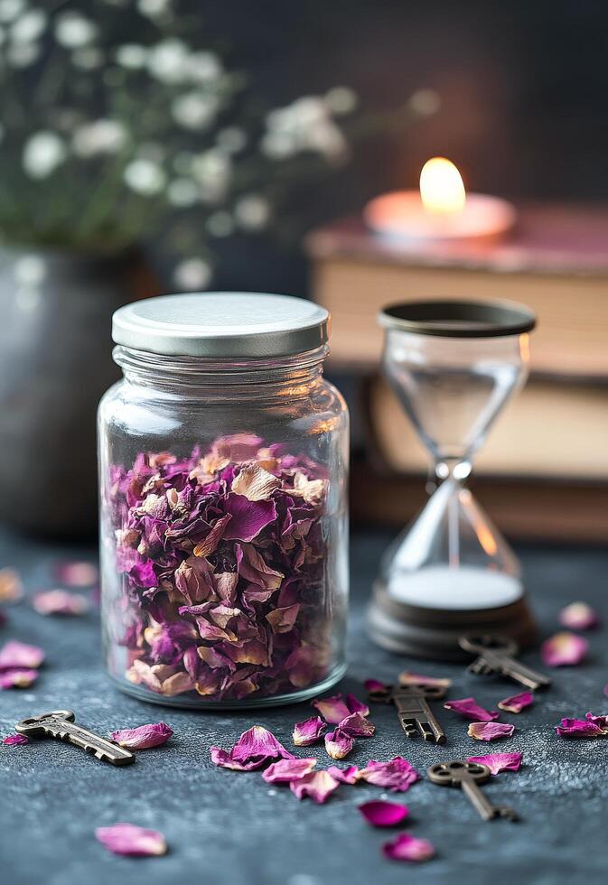 Jar of dried rose petals beside an hourglass and candle on a wooden table in autumn photo