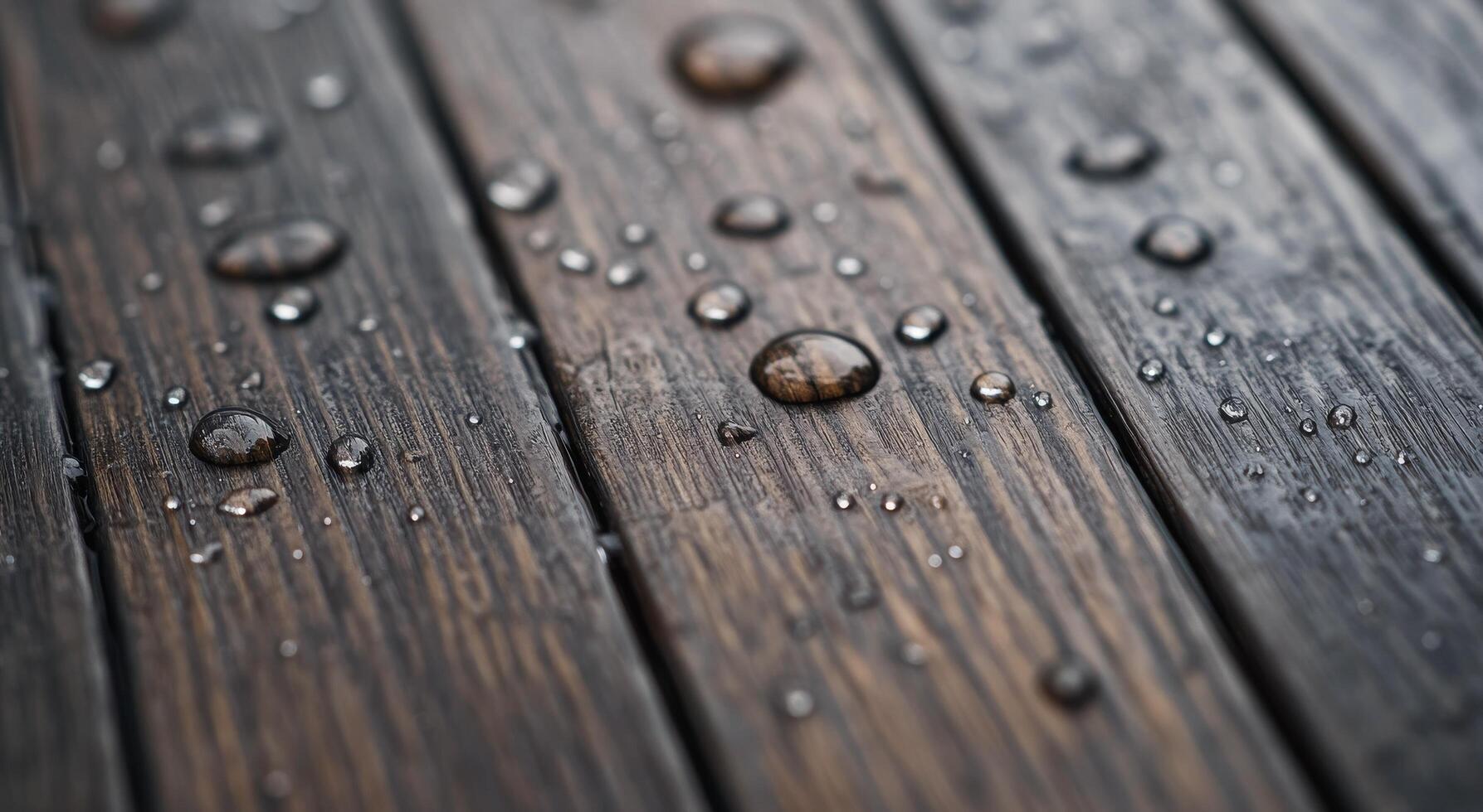 Rain droplets on wooden surface photographed in a close-up during overcast weather photo