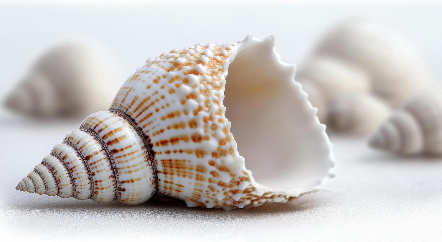 Close-up of a detailed seashell on a sandy surface with blurred shells in the background photo