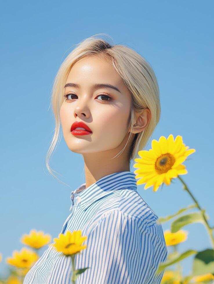 Young woman with short blonde hair holds sunflower against a blue background in summer photo