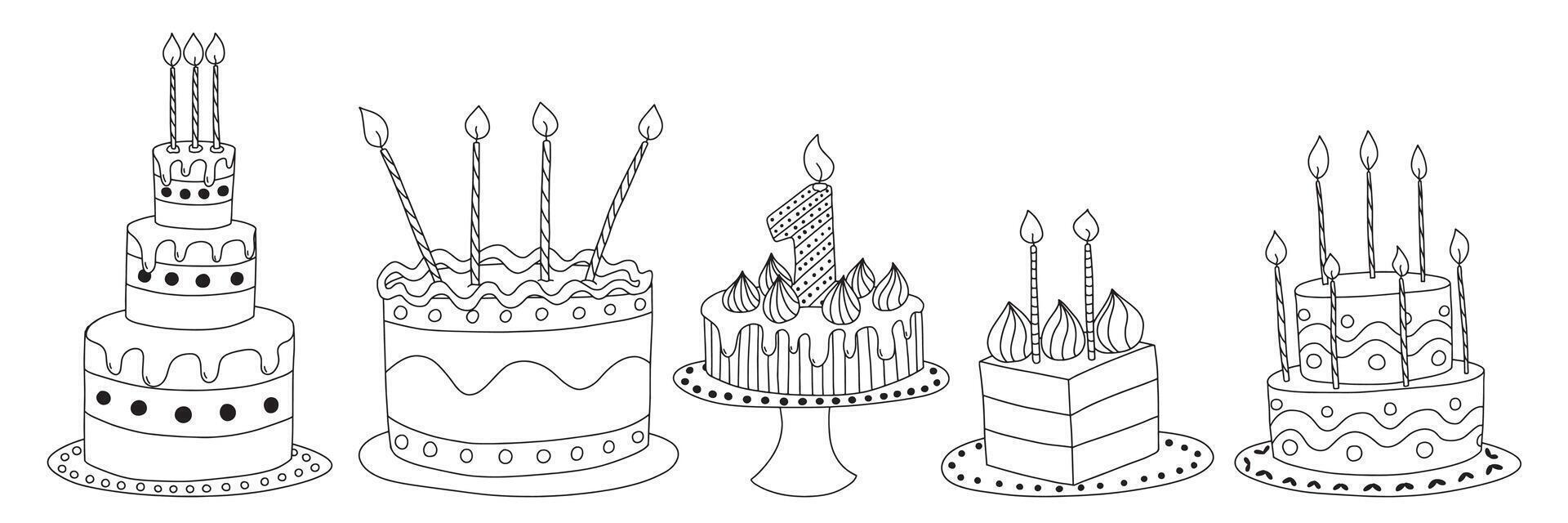 Birthday cakes sketches set. Different cakes with candles on plates set vector