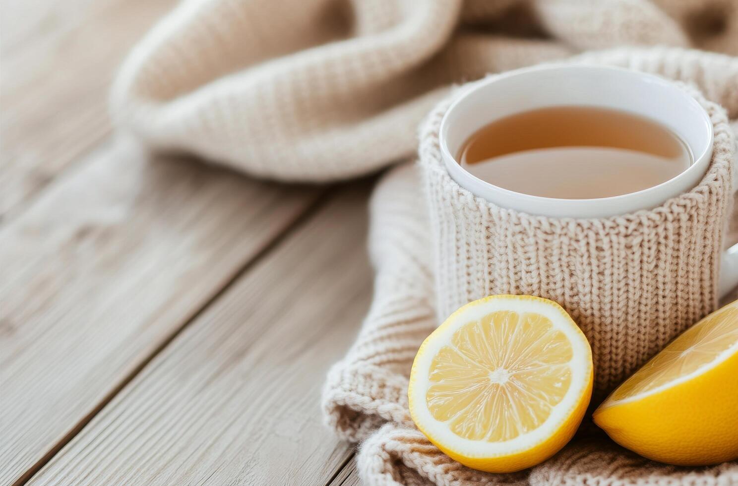Warm cup of tea with lemon slice wrapped in a soft scarf on a cozy wooden table photo