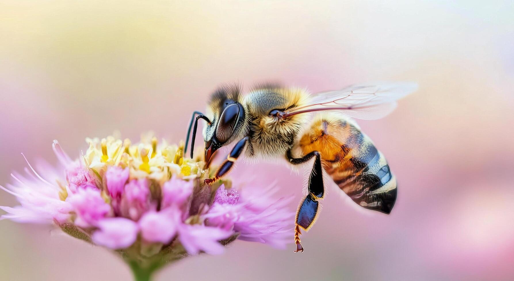 Bee collecting pollen from flowers in a sunlit meadow during spring photo