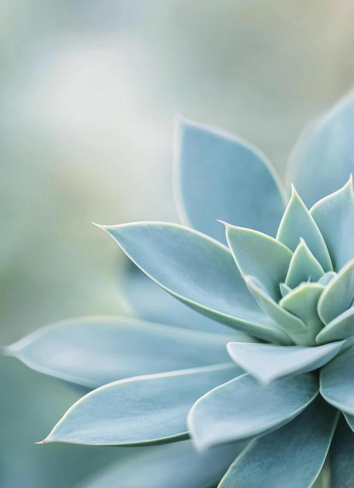 Close-up of a blue succulent plant in a neutral stone pot against a blurred green background photo