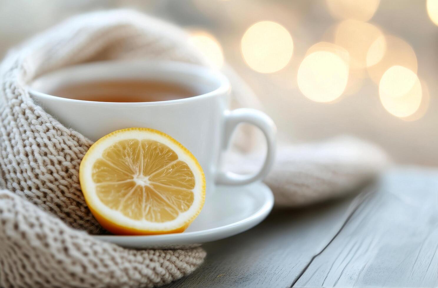 Warm cup of tea with lemon slice wrapped in a soft scarf on a cozy wooden table photo