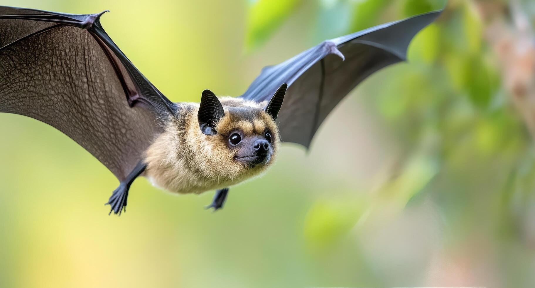 A close-up of a bat in flight against a blurred natural background during twilight photo