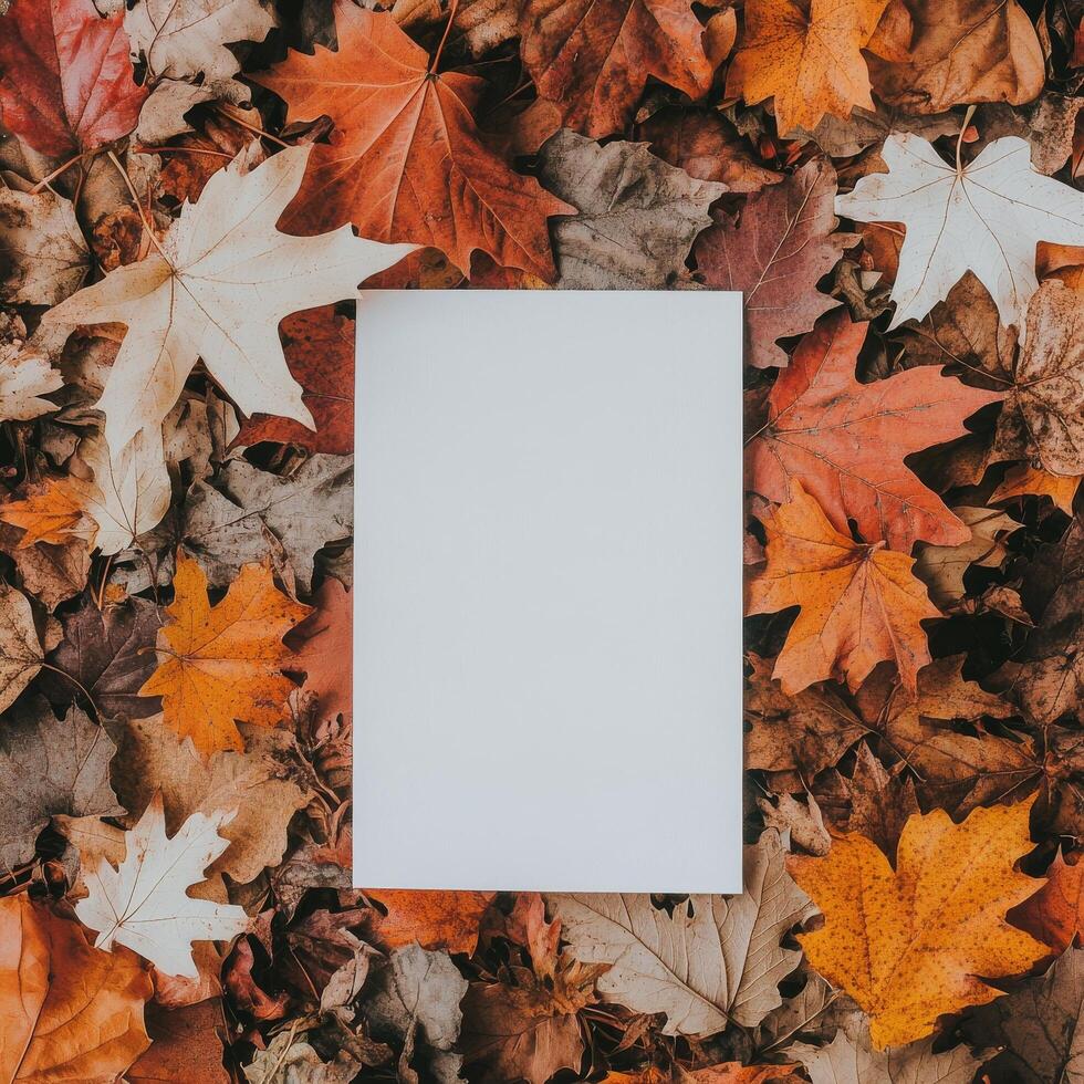 Blank card surrounded by colorful autumn leaves on the ground in a forest setting photo