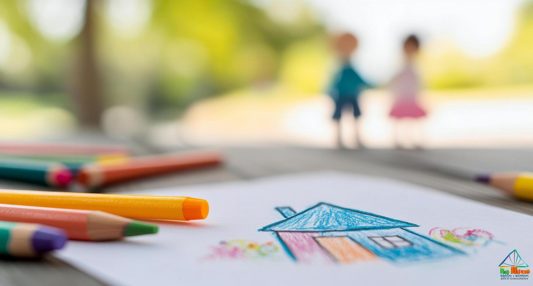 Childrens drawing of a house with family figures and colorful art supplies on a wooden table photo