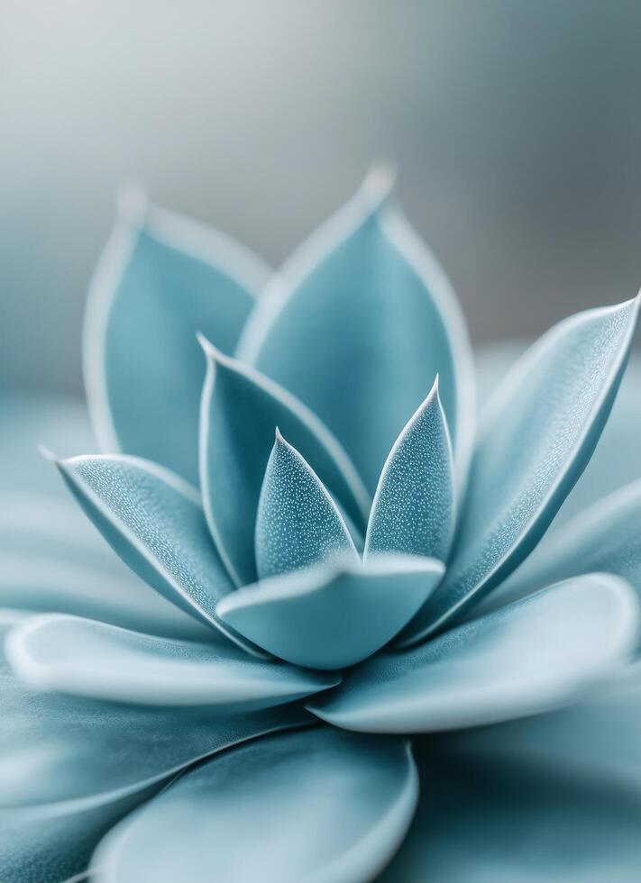 Close-up of a blue succulent plant in a neutral stone pot against a blurred green background photo