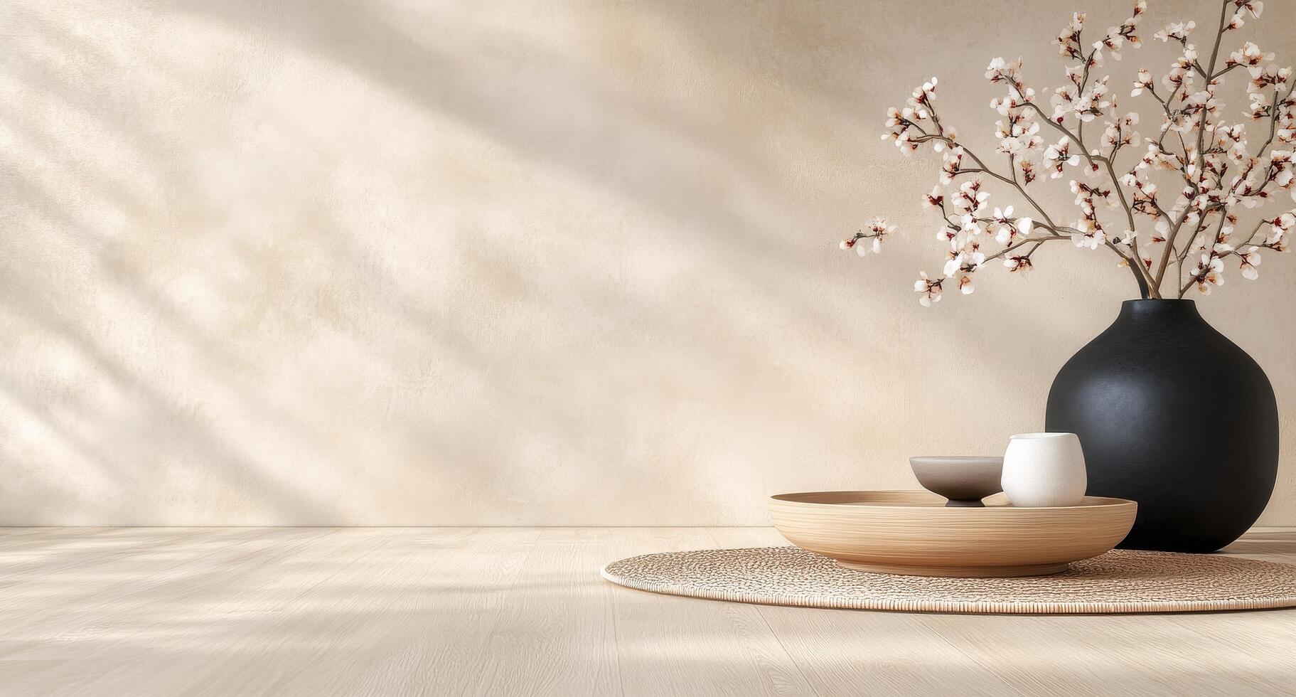 Minimalist interior design featuring cherry blossom branches in a modern room photo