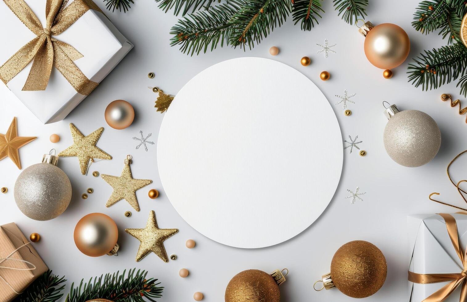 Festive Holiday Setting With Blank Circle Surrounded by Ornaments and Gift Box photo