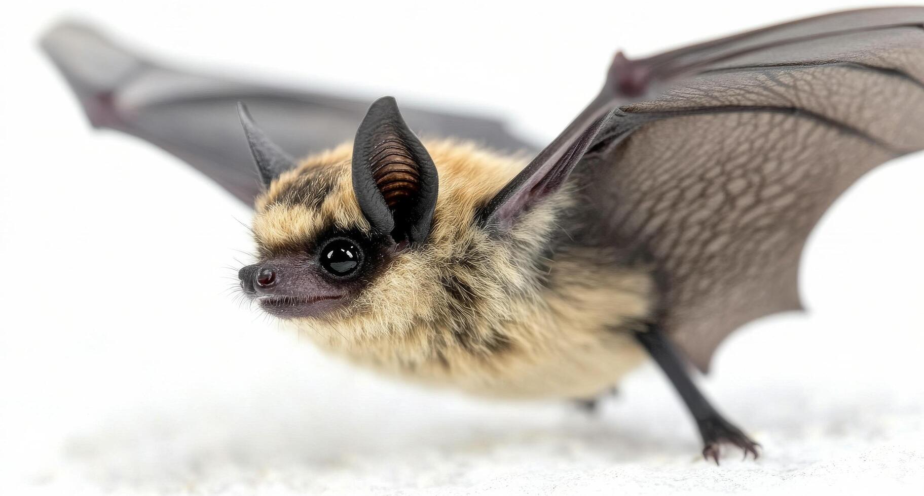 A close-up of a bat in flight against a blurred natural background during twilight photo