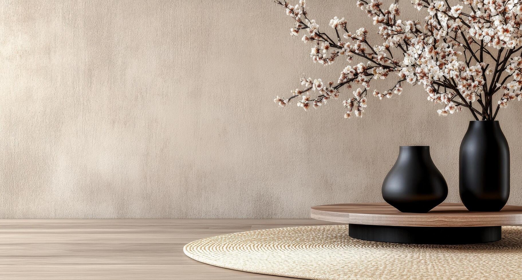 Minimalist interior design featuring cherry blossom branches in a modern room photo
