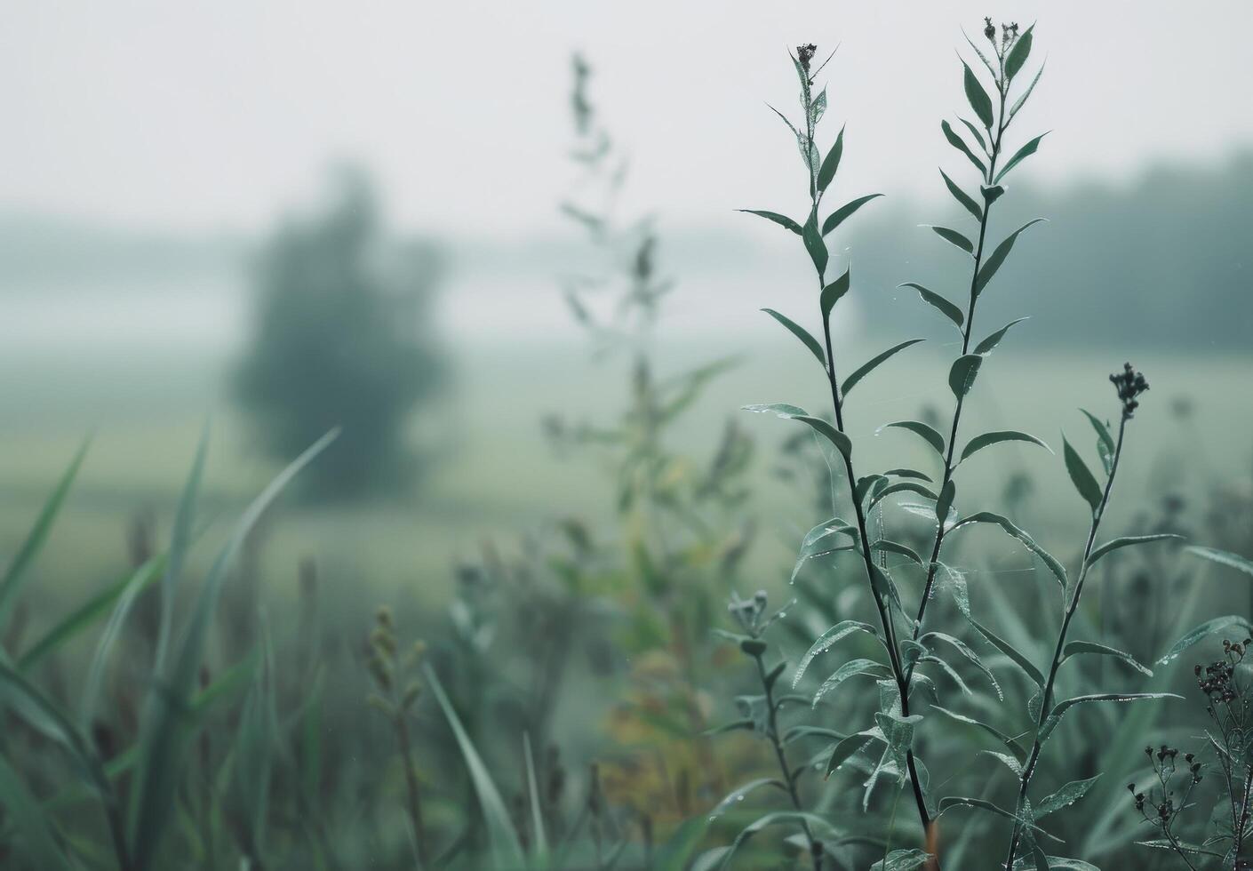 Delicate Wildflowers Growing In Lush Green Meadow At Dawn photo