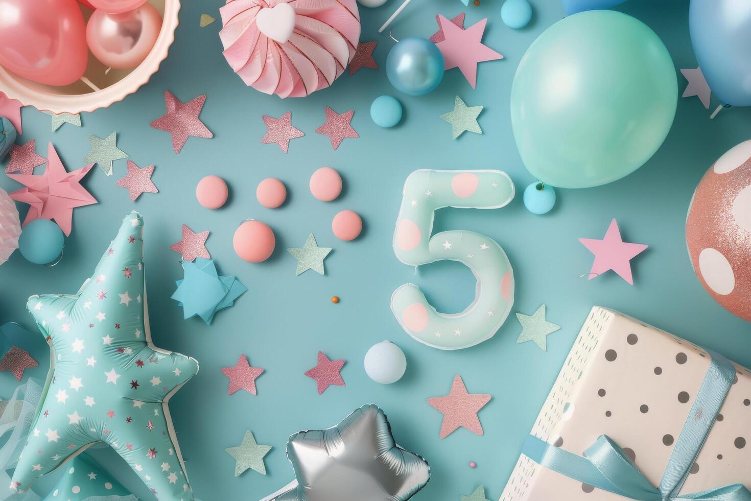 Colorful Birthday Celebration Setup With Five-Year-Old Themes and Decorations photo