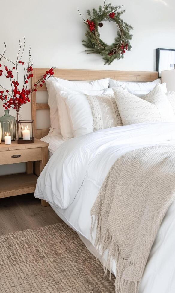 Elegant Winter Table Setting With Candles and Red Berries in Cozy Bedroom photo
