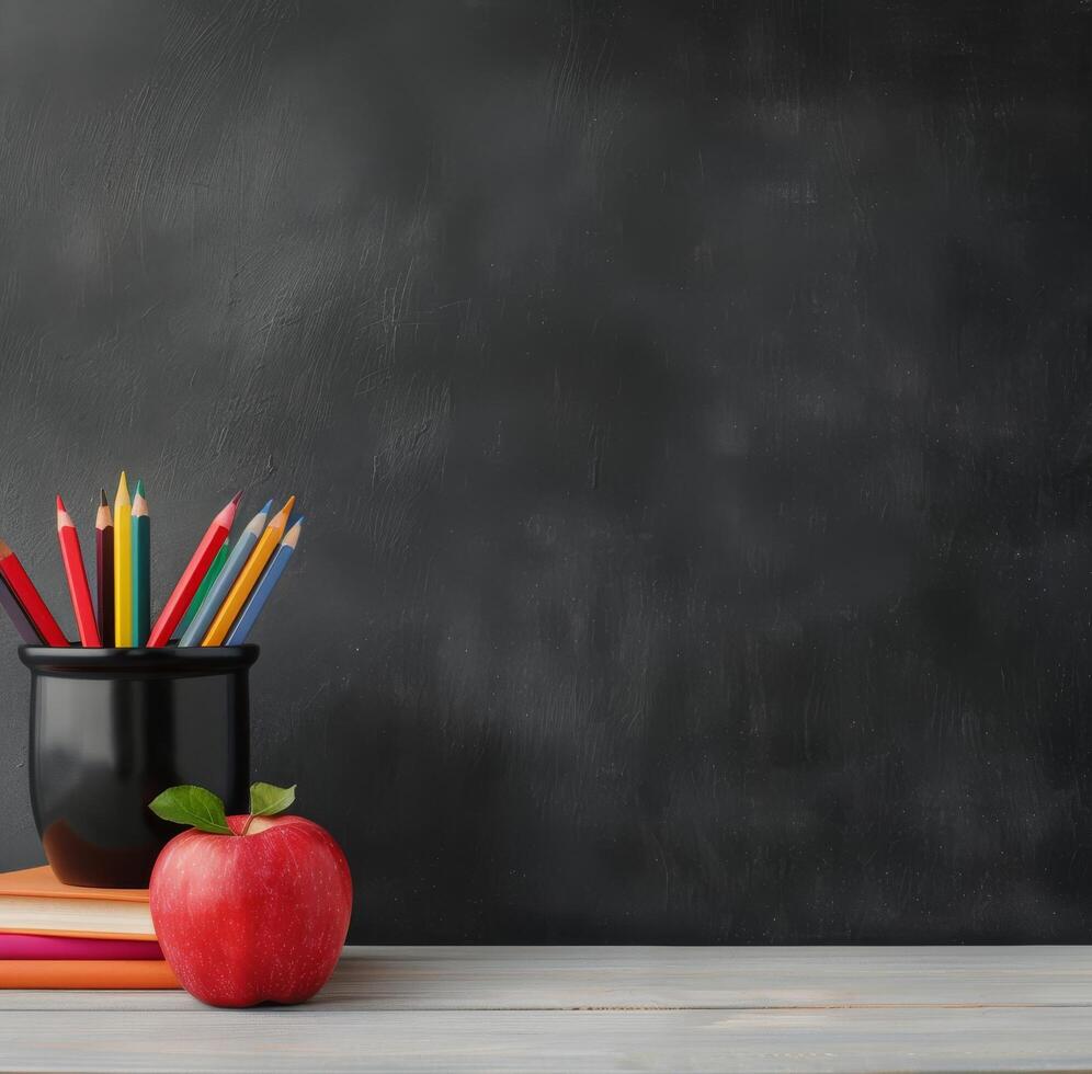 Colorful Pencils and Red Apple on Stacked Books Before Chalkboard photo