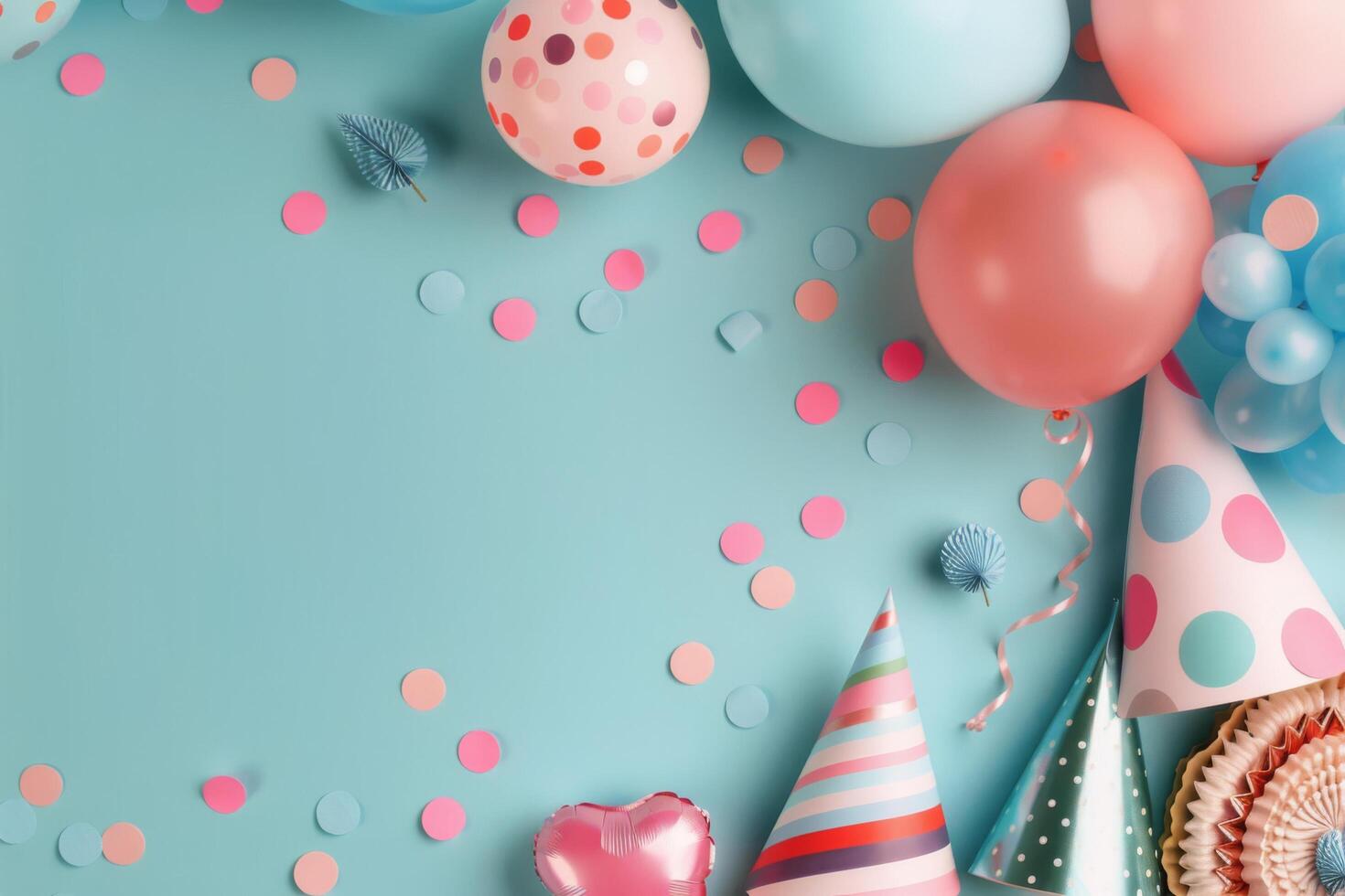 Colorful Party Decorations With Balloons and Confetti on Blue Background photo