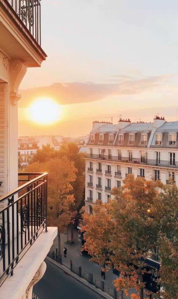 Charming Parisian Architecture Under Sunset Skies in Autumn photo