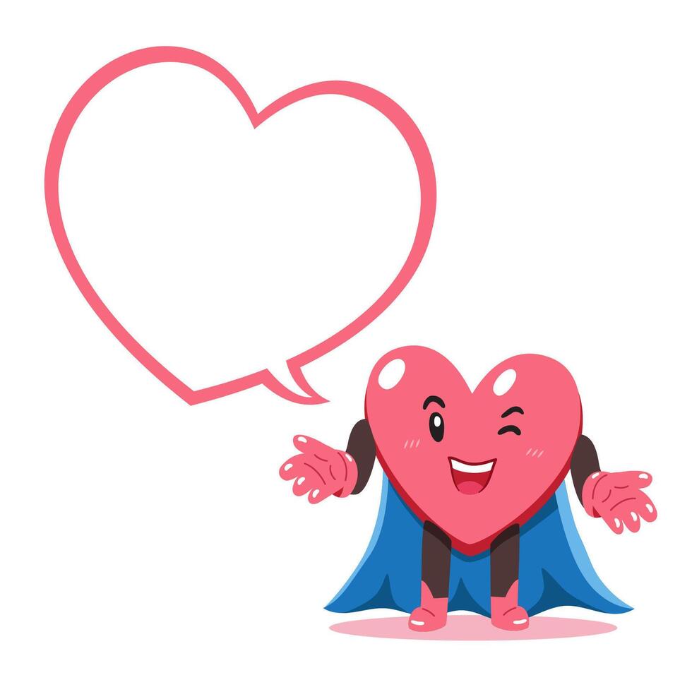 Cartoon heart character with superhero cape and speech bubble vector
