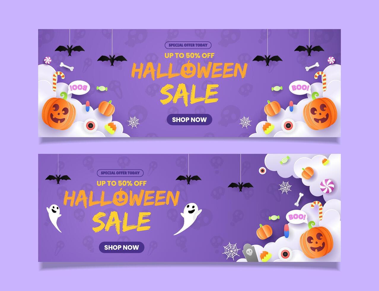 Horizontal party banner template for halloween trick or treat papercut style. EPS 10 illustration vector