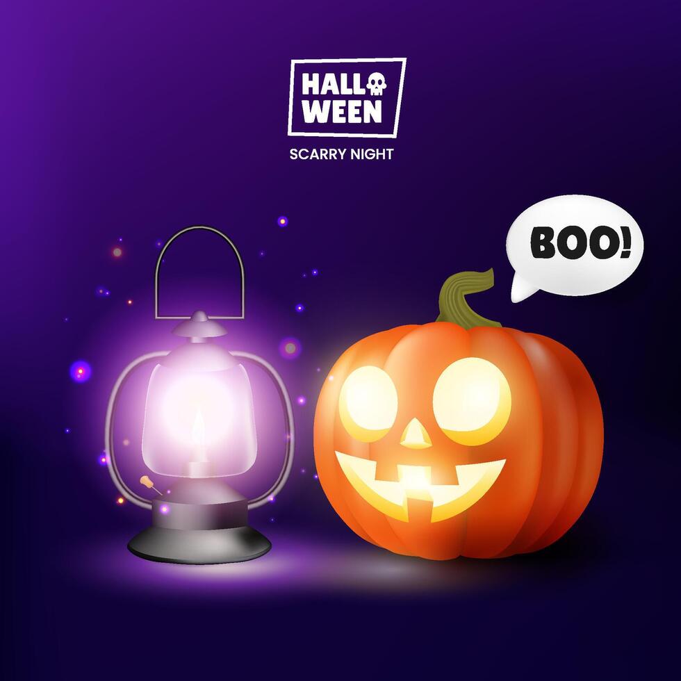 Cheerful Halloween greeting card backdrop featuring pumpkins, bats, flags, and a glowing fiesta lamp illustration. vector
