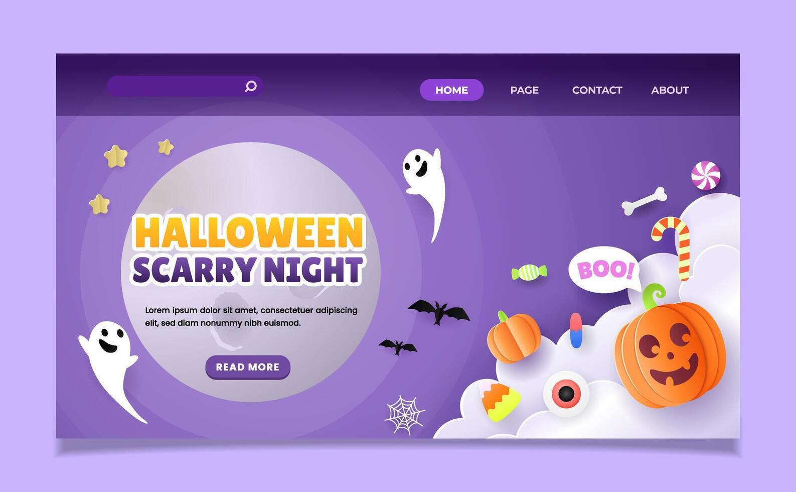 Halloween landing page template papercut style with pumpkin and cute bat. ESP 10 Illustration. vector