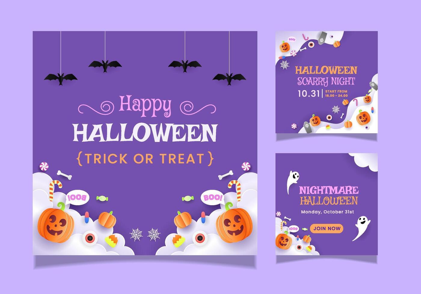 Social media posts collection for Halloween trick or treat with papercut style. EPS 10 vector