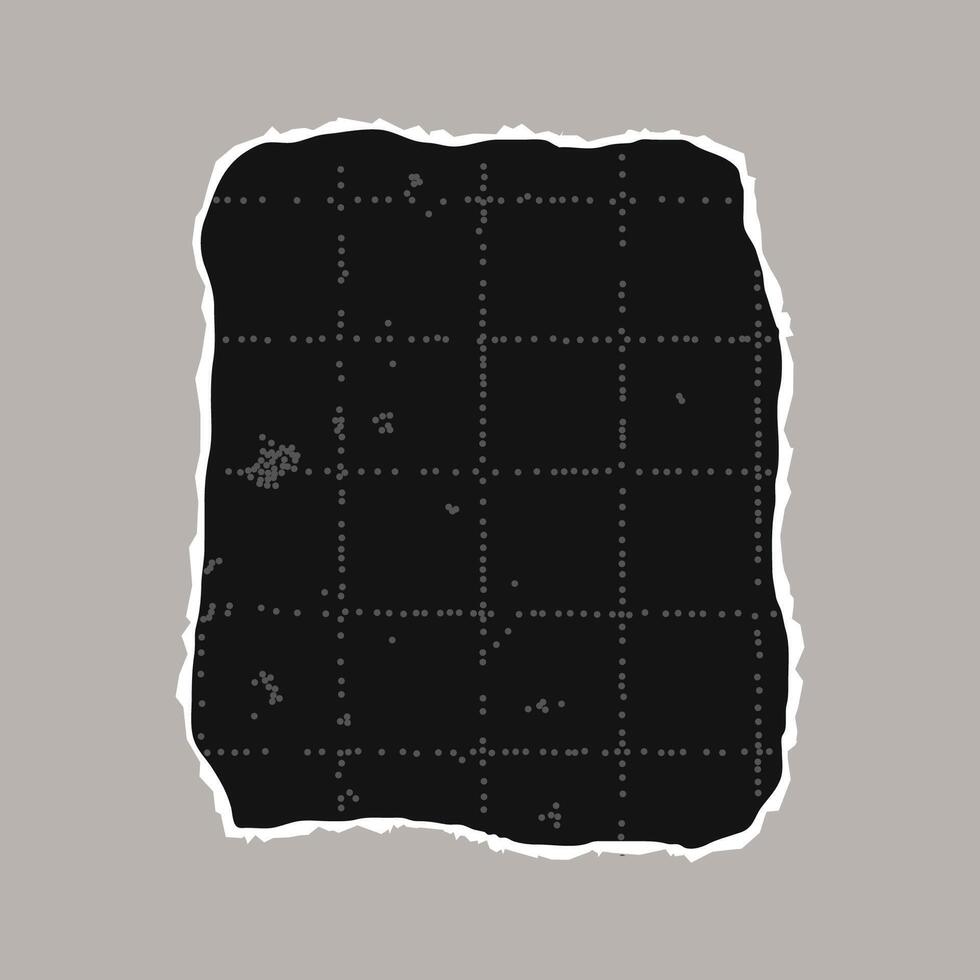 Black torn sheet of checkered paper with jagged edges. Black dotted textured background, noisy gritty dot effect. Banner template, empty space for text, ripped collage element. vector