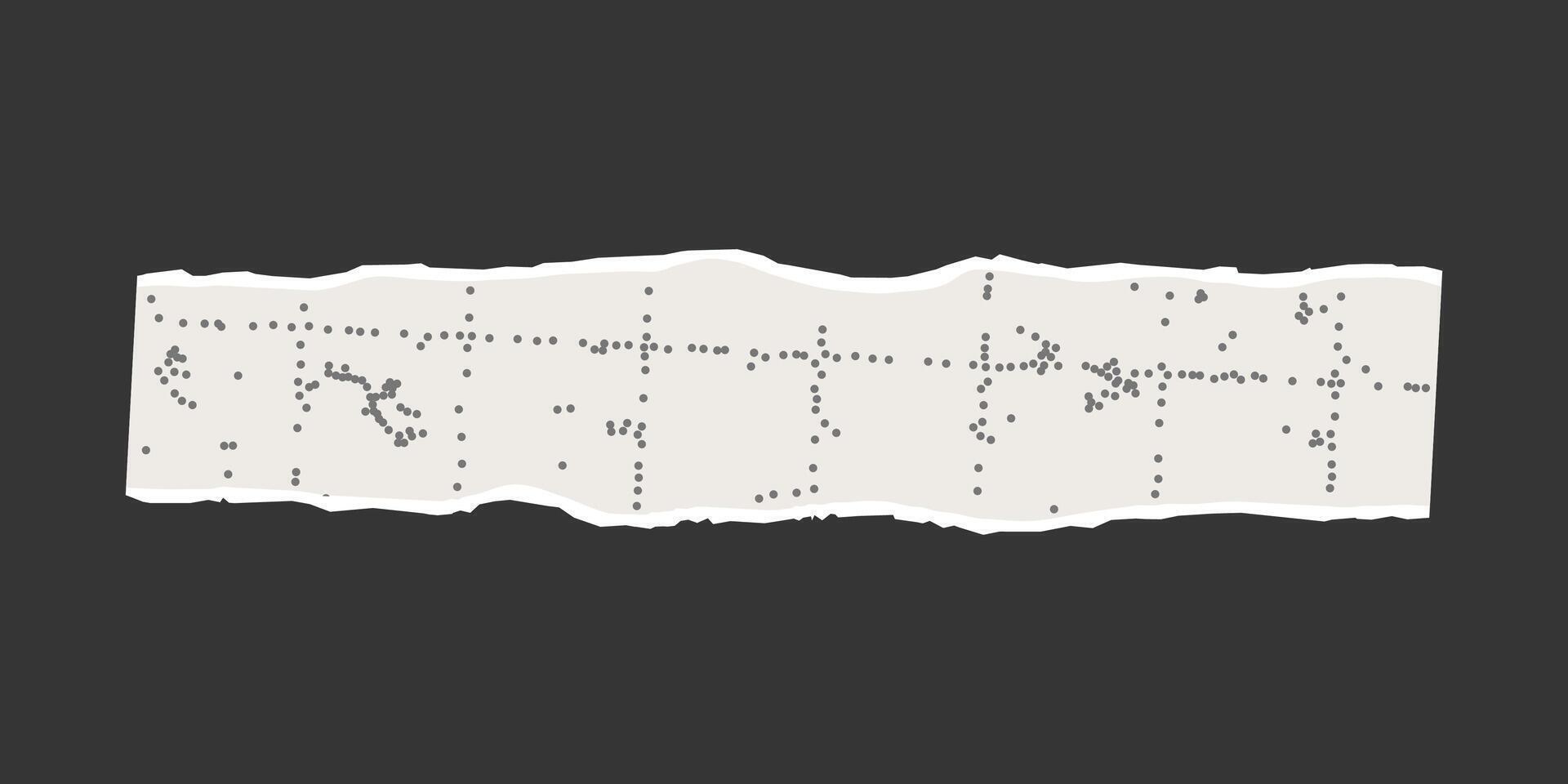 Torn sheet of checkered paper with uneven edges on a dark background. Dotted textured background, noisy gritty effect. Banner template, empty space for text, ripped vintage stripe. vector